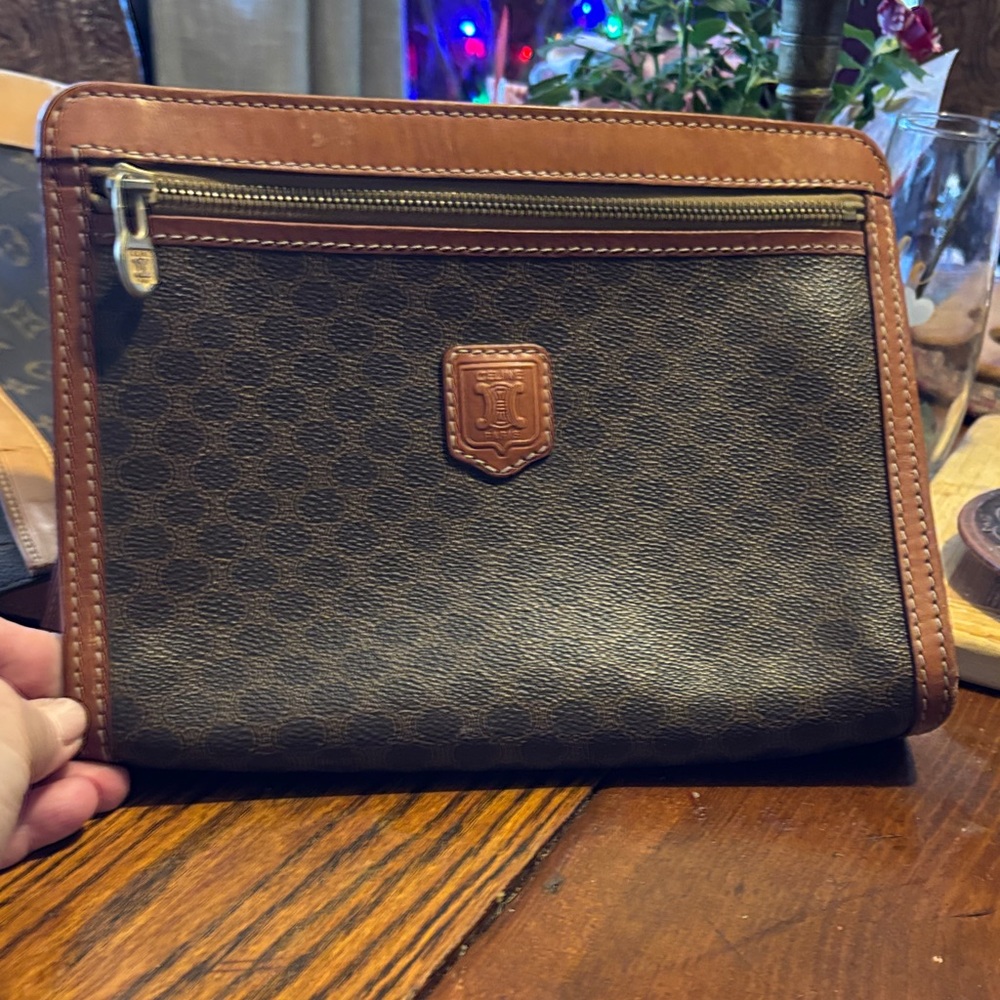 Celine Brown and Tan Toiletry Pouch with Zip Pocket